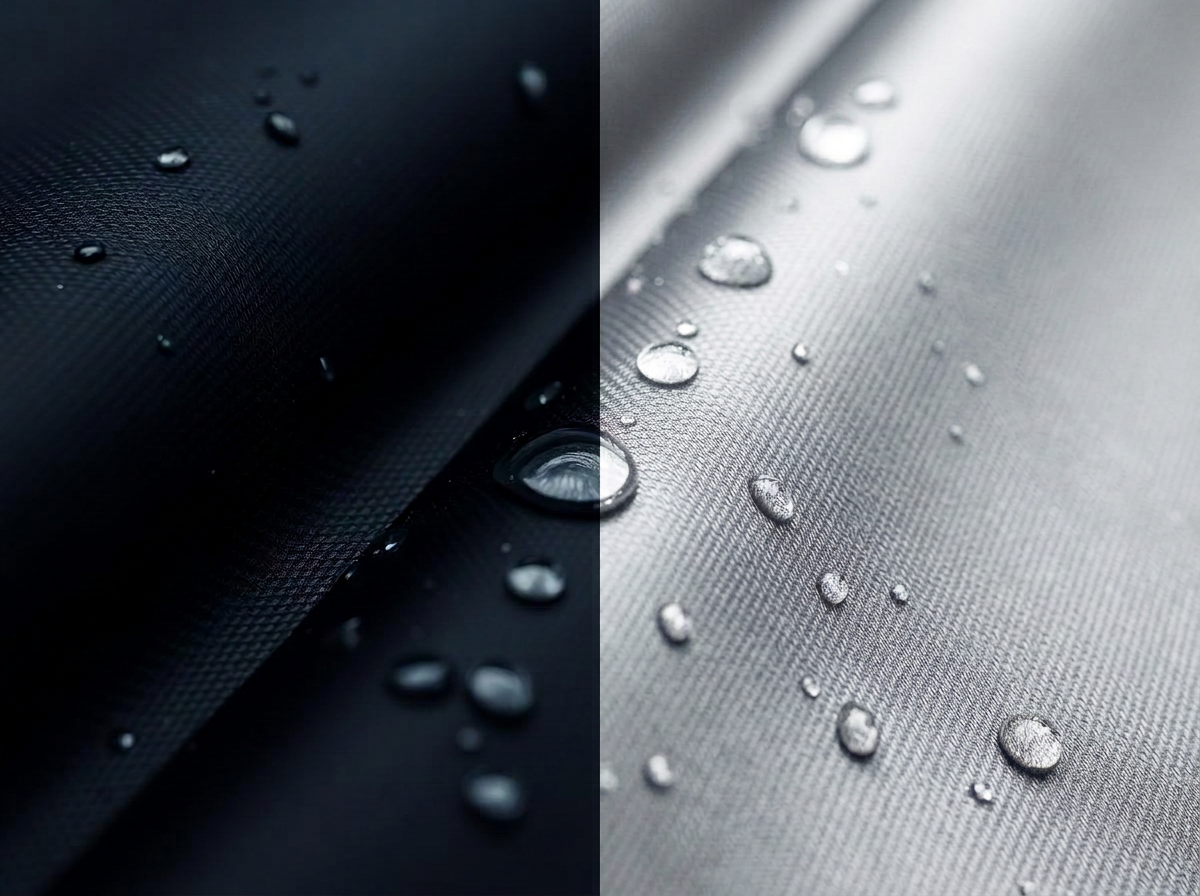 Detalle del tejido técnico impermeable en negro y gris plata